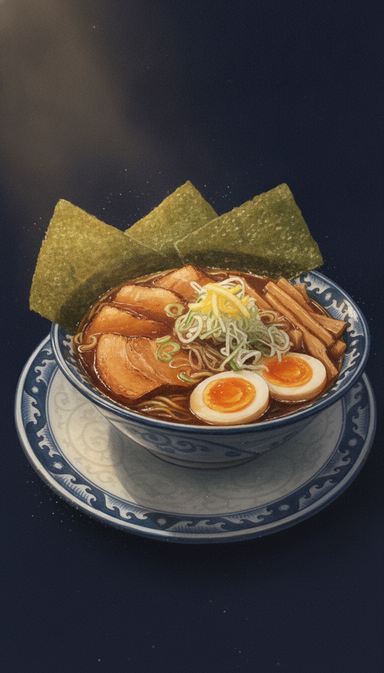 AI が錬成したラーメンのカード絵。染付の器に盛られた醤油ラーメンが水彩画調で描かれている